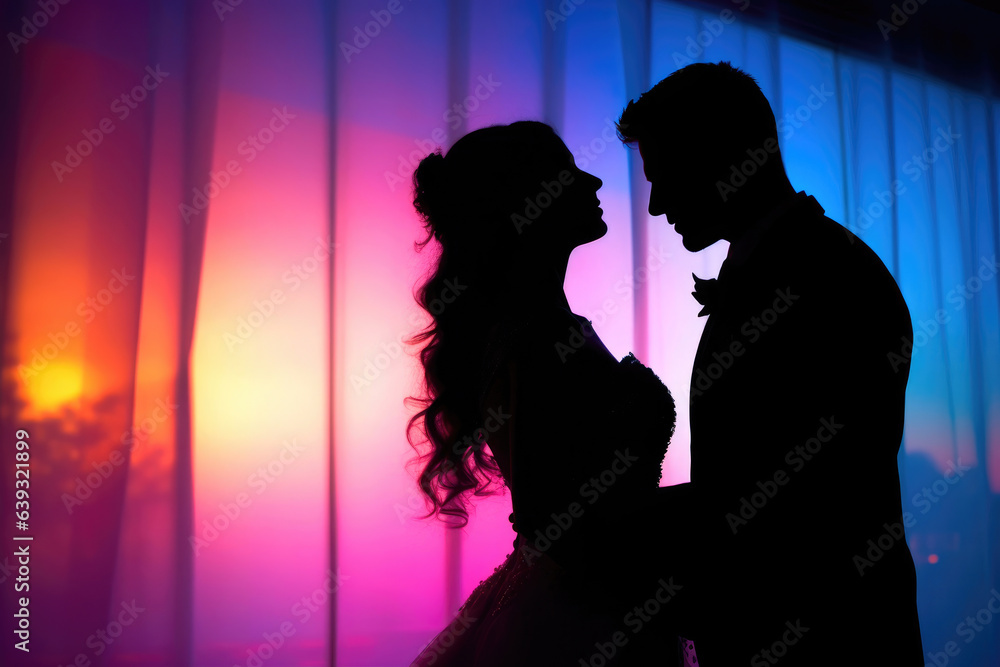 Elegant Bride and Groom Silhouette Against Colorful Backdrop