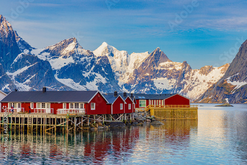 red houses in the fjord of hamnoy lofoten norway in winter photo