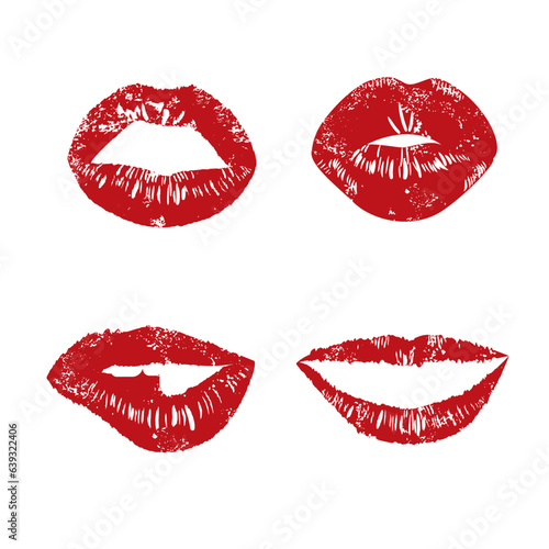 Red lipstick patch print. Lips kiss with sexy kisses and smile for colorful pop design and open vector beauty collection