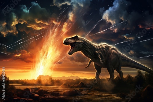 T-rex during dinosaur extinction event  Asteroid impact jurassic era  Tyrannosaurus rex extinction