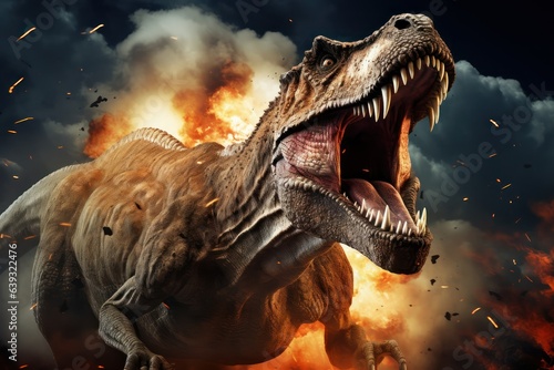 T-rex during dinosaur extinction event  Asteroid impact jurassic era  Tyrannosaurus rex extinction
