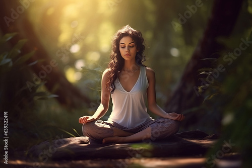 Beautiful woman practing yoga or mindful meditation in lotus pose in harmony with nature immersed in green and warm light