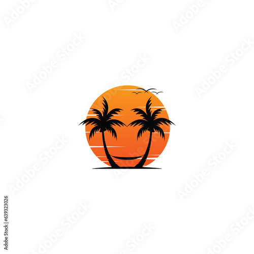 Coconut tree, sunset and hammock vector graphics