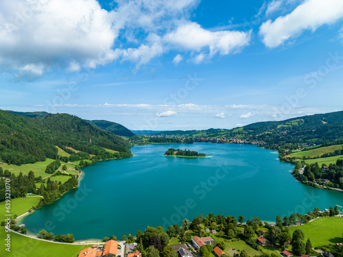 Aerial view looking over Schliersee Fischhausen, Upper Bavaria, Bavaria, Germany