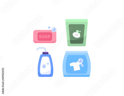 illustration of packaging for laundry detergent, hand washing soap, dish washing soap, and bar soap. cleaners and washers. a collection or set of icons or symbols. flat and minimalistic concept design