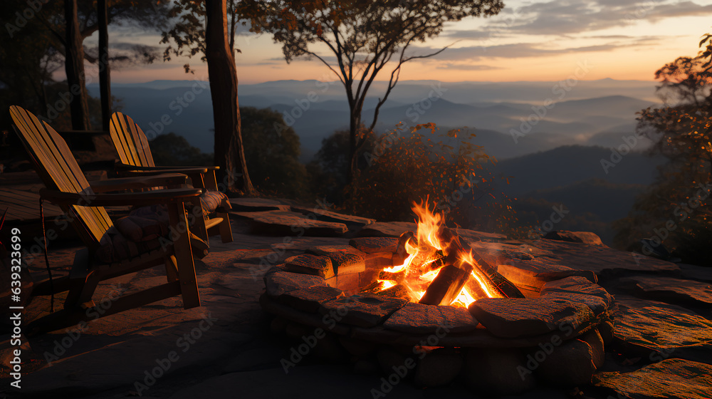 Fire pit on top of mountain - fall - autumn - peak leaves season - chilly - cool - beautiful gorgeous view - sunset  - obrazy, fototapety, plakaty 