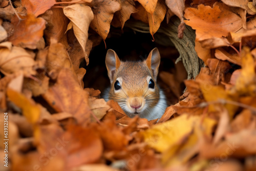 Squirrel hiding in forest with colorful autumn leaves.
