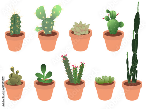 Succulents. Cacti in ceramic pots. A set of various cacti. Set of cacti for stickers, greeting cards. Vector illustration in flat cartoon style.