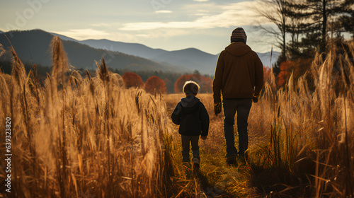 Father and son walking through a field in the fall - in the mountains - peak leaves season 
