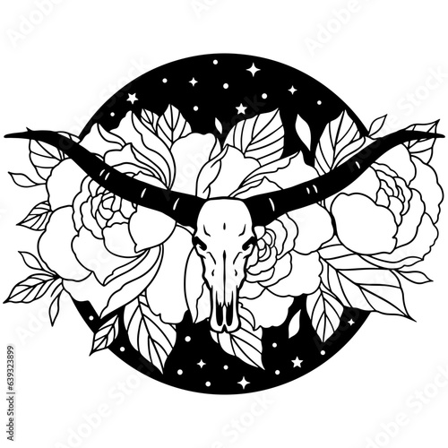 Texas longhorn black and white vector illustration. Longhorn skull with flowers, clipart. Silhouette Texas Longhorn. Bull Head Logo Icon.