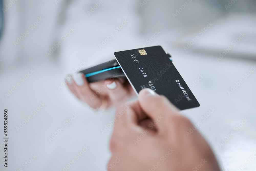 POS, contactless payment and hands with credit card or customer in ...
