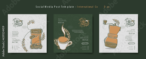 Set of social media post template with coffee and coffee maker in doodle art design for coffee day