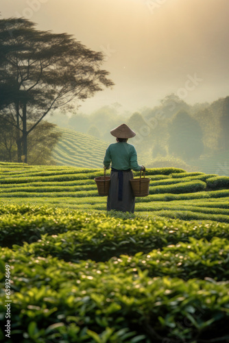a woman picks tea on a plantation in Thailand. view from the back. agricultural work. green leaves on the field.