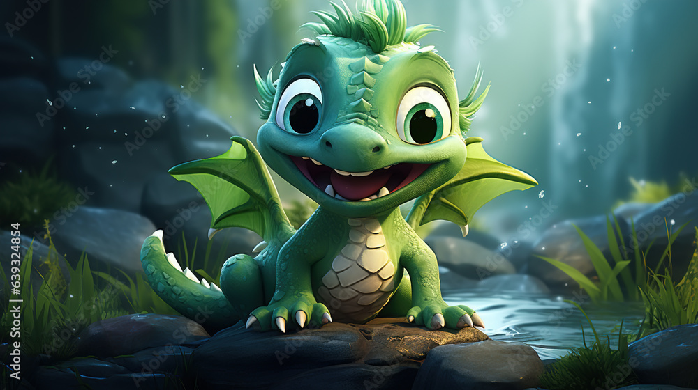 Positive funny green dragon in forest, smiling fabulous mythical animal in jungle looking at camera