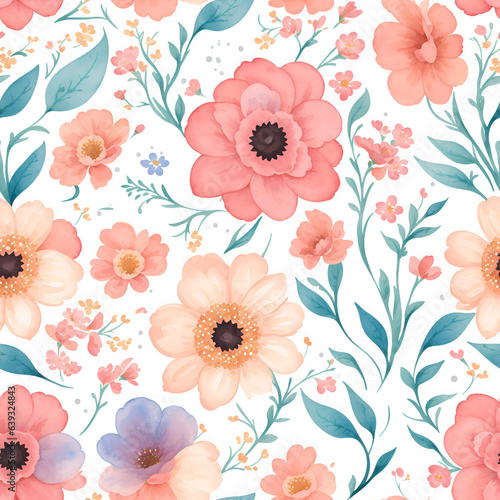 Wildflowers and leaves seamless pattern on white background. Colorful flowers with watercolor of Wildflowers. Seamless floral pattern  Floral template Illustration. Wallpaper pattern..