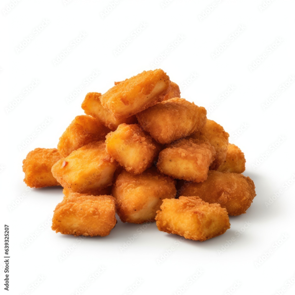 A serving of golden brown chicken nuggets and tenders, perfectly fried to a crispy texture. The delicious fast food meal is complemented with dipping sauce. A serving of golden brown chicken nuggets and tenders, perfectly fried to a crispy texture. The delicious fast food meal is complemented with dipping sauce.