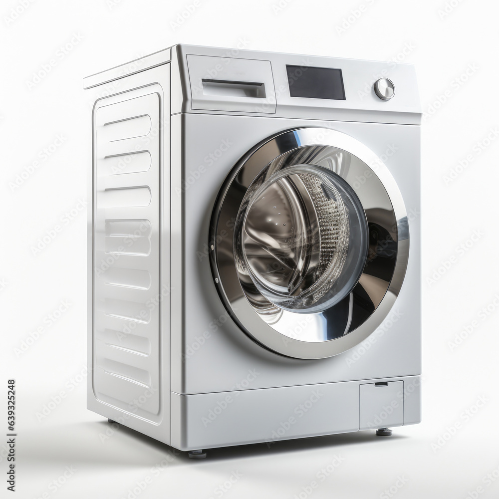 Fototapeta premium A modern front-loading washing machine in shiny stainless steel, an essential domestic appliance reflecting a sleek design and functionality for everyday laundry.