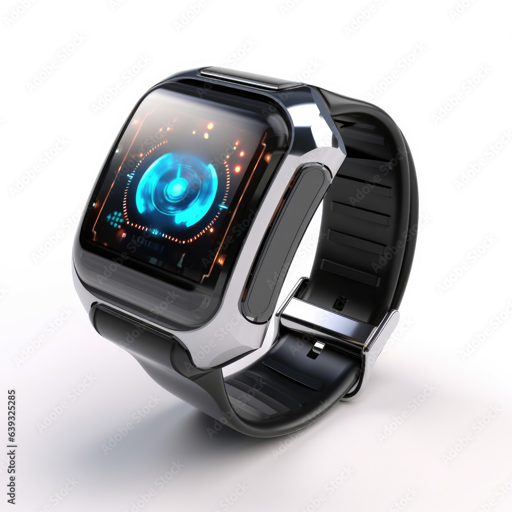 A modern, futuristic smartwatch displaying biometrics on its screen
