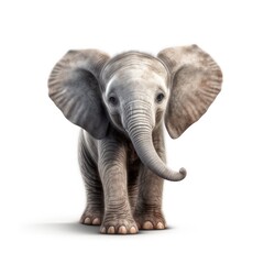 Portrait of a baby elephant isolated on a white background, highlighting its adorable ears and trunk, creating a pure and appealing visual effect.