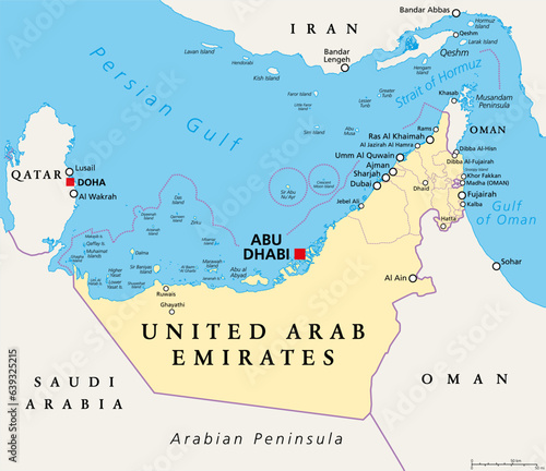 United Arab Emirates, UAE, political map. The Emirates, a country in Middle East at Arabian Peninsula, between Oman and Saudi Arabia, sharing maritime borders in the Persian Gulf with Qatar and Iran.