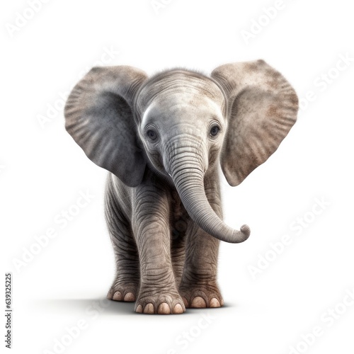 Portrait of a baby elephant isolated on a white background  highlighting its adorable ears and trunk  creating a pure and appealing visual effect.