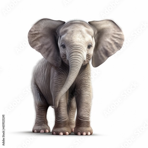 Portrait of a baby elephant isolated on a white background, highlighting its adorable ears and trunk, creating a pure and appealing visual effect.