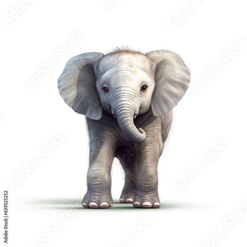 Portrait of a baby elephant isolated on a white background, highlighting its adorable ears and trunk, creating a pure and appealing visual effect.