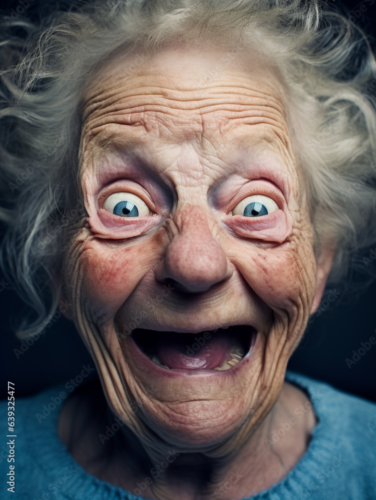 Close-up portrait of an elderly woman smiling and looking ridiculous and funny Close-up portrait of an elderly woman smiling and looking ridiculous and funny