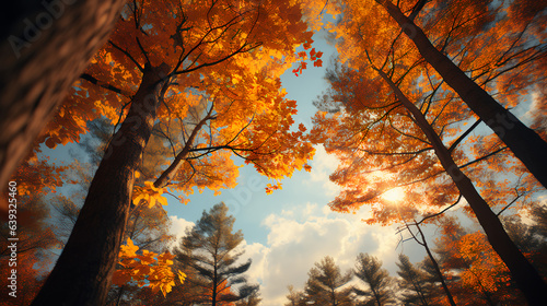 Extreme low angle shot - autumn - fall - peak leaves - golden hour - sunset