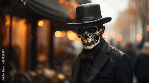 Man dressed as a skeleton for Halloween - wearing black hat and suit. 