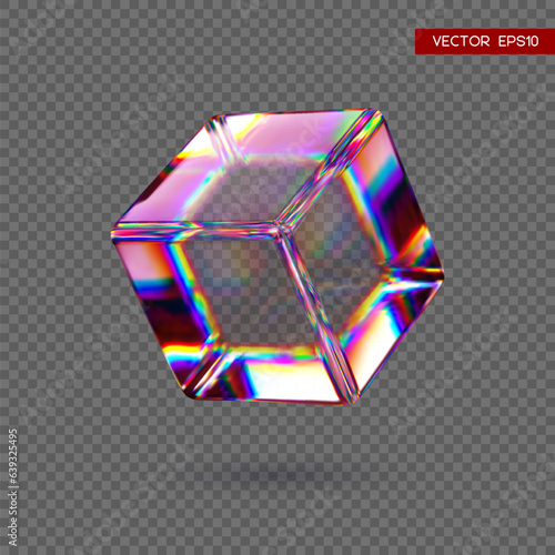3d transparent glossy cube with dispersion effect. Rainbow colors reflection glass. Vector illustration.