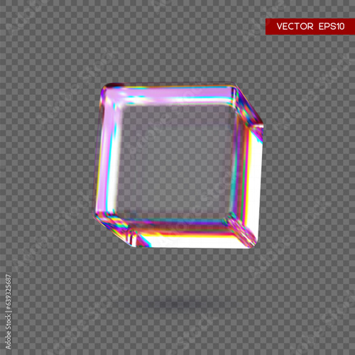 3d transparent glossy cube with dispersion effect. Rainbow colors reflection glass. Vector illustration.