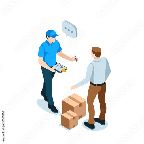 isometric courier give a pencil and a tablet for signature to the client in color on a white background, home delivery or address