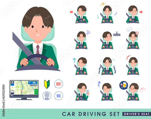 車を運転するブレザー男子学生のセット