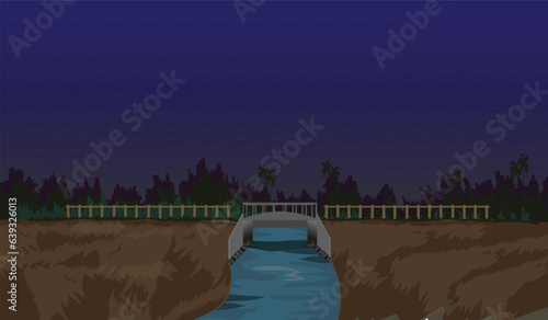A bridge over the river illustration. A sturdy bridge made up of solid bricks connecting two land masses over a freshwater river.