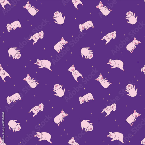 Purple wallpaper with stars and sleeping pigs in different poses. Vector seamless repeat pattern of cute piglets