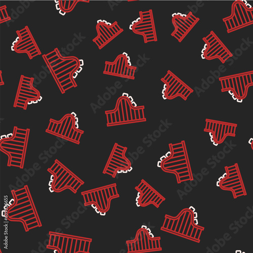 Line Roller coaster icon isolated seamless pattern on black background. Amusement park. Childrens entertainment playground, recreation park. Vector