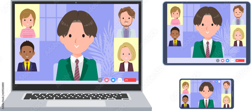 オンラインミーティングをしているブレザー男子学生のセット オンラインミーティングをしているブレザー男子学生のセット
