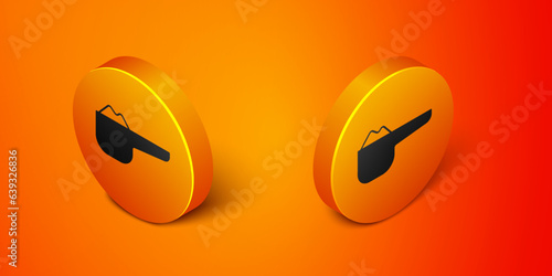 Isometric Sports nutrition bodybuilding proteine power drink and food icon isolated on orange background. Orange circle button. Vector
