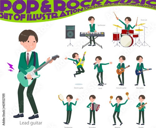 ロックンロールやポップミュージックを演奏するブレザー男子学生のセット