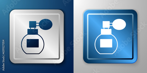 White Perfume icon isolated on blue and grey background. Silver and blue square button. Vector