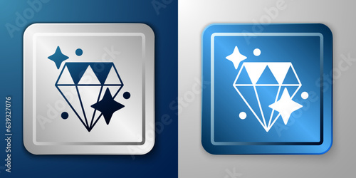 White Diamond icon isolated on blue and grey background. Jewelry symbol. Gem stone. Silver and blue square button. Vector