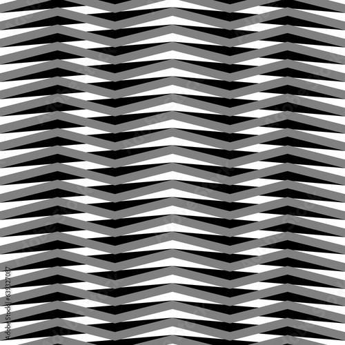 Black and grey zigzag lines. Jagged stripes. Seamless surface pattern design with triangular waves ornament. Repeated chevrons wallpaper. Digital paper for page fills, web designing. Vector art.