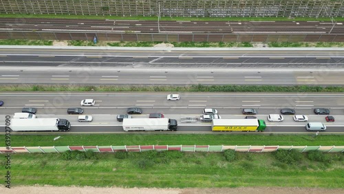 Weilbach, Germany - August 24, 2023: Dense traffic and traffic jam on German highway A3 between Raunheim and Wiesbadener Kreuz photo