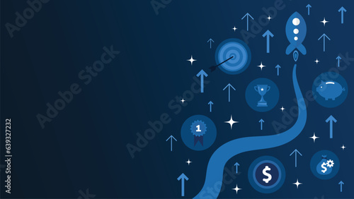 Financial growth concept vector banner design with finance icons such as money bag, coin, piggy bank and ribbon on a blue background. Geometric modern minimal graphic poster illustration.