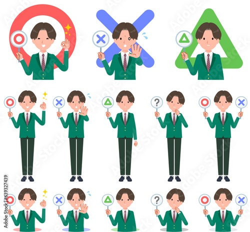まるばつプレートを持ったブレザー男子学生のセット