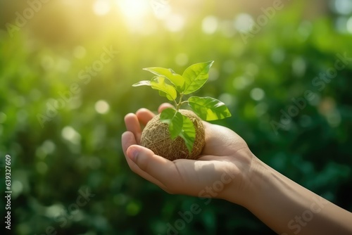 human hand holding young earth and plant in ecology
