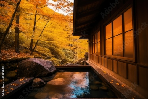 Japanese onsen ryokan. Autumn view.