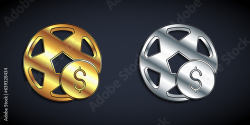 Gold and silver Soccer football betting money icon isolated on black background. Football bet bookmaker. Soccer betting online make money. Long shadow style. Vector