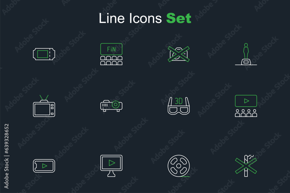 Set line No smoking, Film reel, Online play video, Cinema auditorium with screen, 3D cinema glasses, Movie, film, media projector and Retro tv icon. Vector Set line No smoking, Film reel, Online play video, Cinema auditorium with screen, 3D cinema glasses, Movie, film, media projector and Retro tv icon. Vector